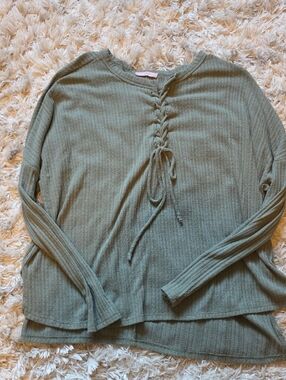 Ces Femme Olive Ribbed Lace-Up Long Sleeve Top